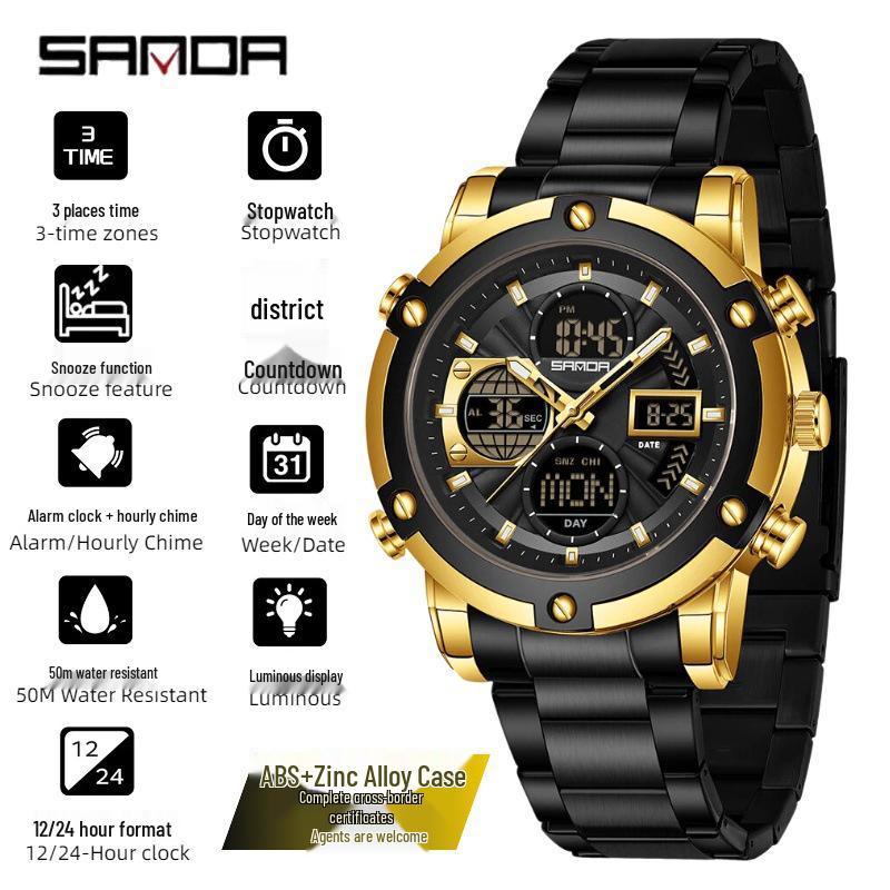 SANDA Men's Multi-Time Zone Steel Band Watch - Luminous, Waterproof, Alarm & Stopwatch Features