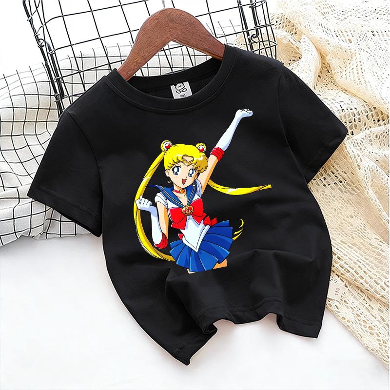 SailorsMoon Anime Girl's T-shirt Cotton Clothes Cute Cartoon Printed Toddler Sweatshirt Casual Short Sleeve Kids Game Trend Tops