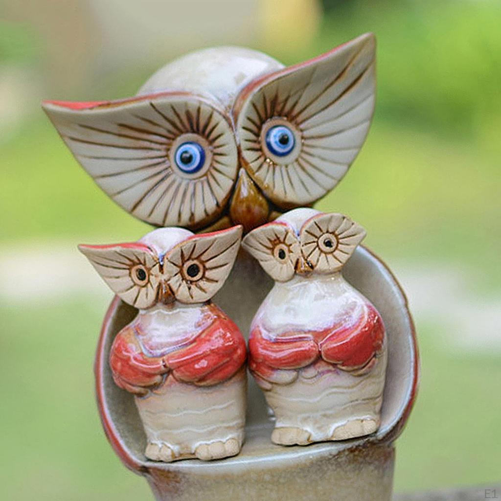 3 / Set Cute Art Colorful Glazed Ceramic Owl Miniature Figurine DIY Patio Shelf Table Farmhouse