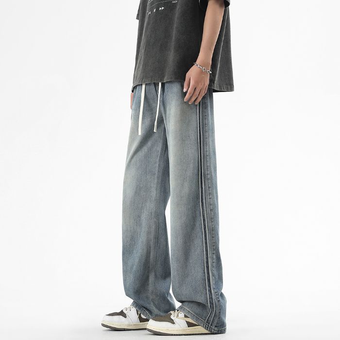 Three-bar Jeans with Loose Draping Style High Street Mopping Trousers