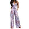 Women's Floral Print Neck Deep V High Waist Wide Leg Jumpsuit with Tie Waist