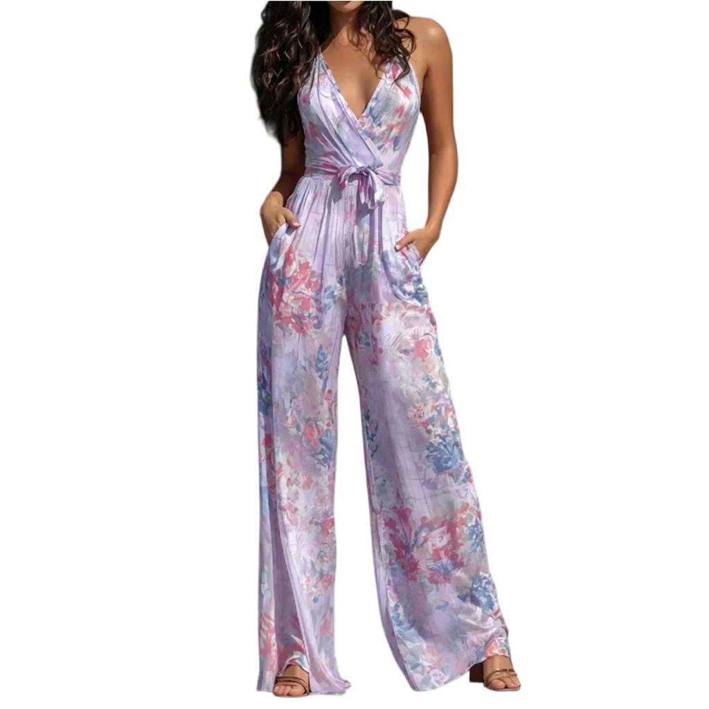 Women's Floral Print Neck Deep V High Waist Wide Leg Jumpsuit with Tie Waist