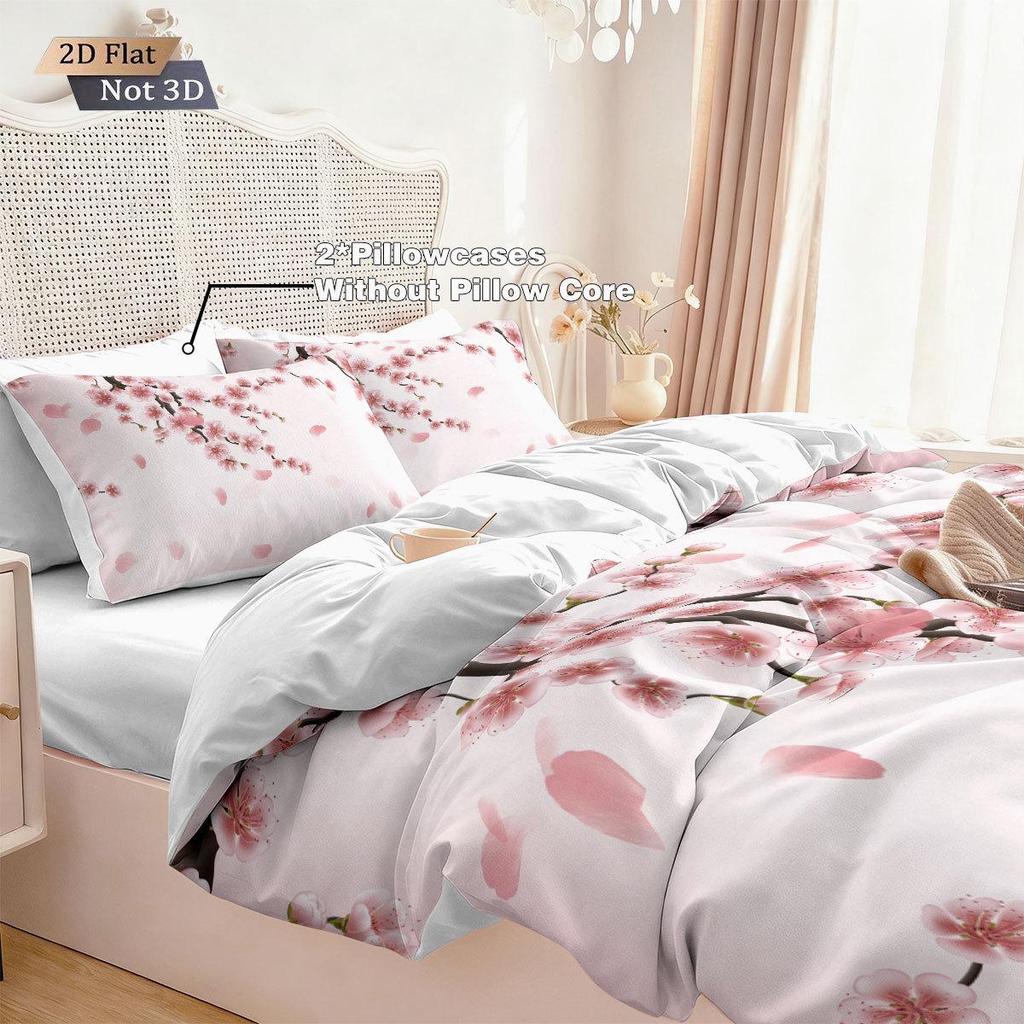 Three-Piece Pink Plum Blossom Brushed Duvet Cover Bedding Set - Custom Patterns Available