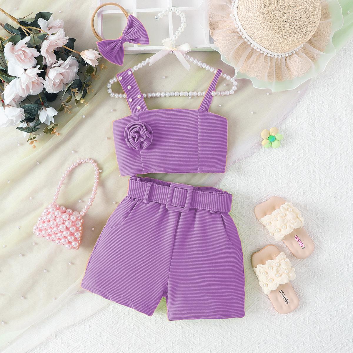 

Летний комплект одежды для девочек: Разноцветный топ с милым цветком на шее + шорты + пояс + комплект аксессуаров для волос 7Y фиолетовый