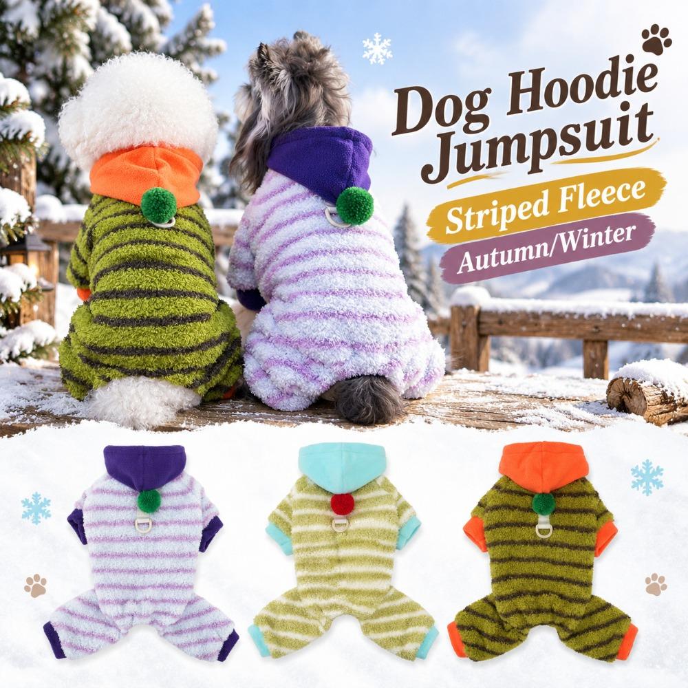 Warm Pet Four Legged Outfit Striped Fleece Dog Winter Clothes Cozy Dog Hoodie Jumpsuit Winter Walk