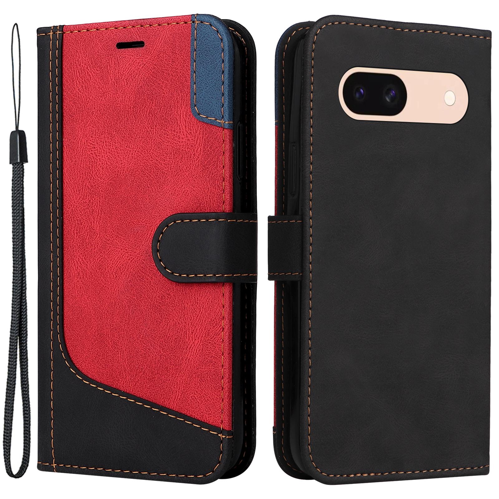 

For Google Pixel 8a Case Three-color Splicing Leather Wallet Stand Cover with Strap Black