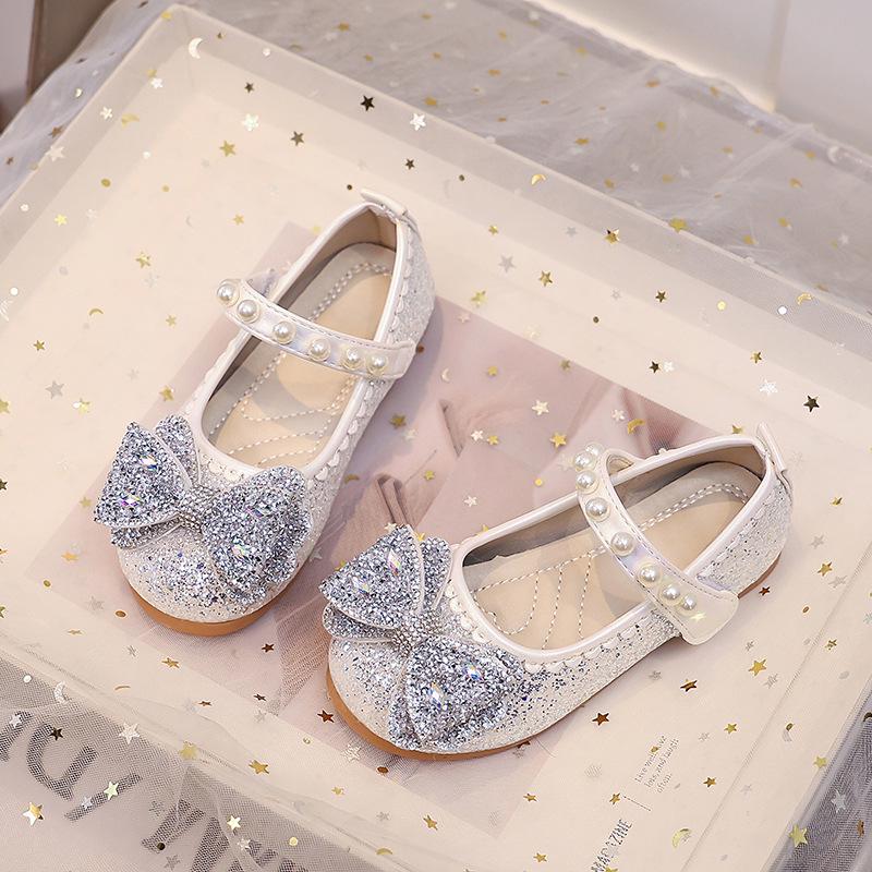 Girls Sparkle Rhinestone Bow Mary Janes - Soft Sole Princess Shoes with Shiny Crystals and Pearls, Perfect for Evening Gown Performances 30 белый