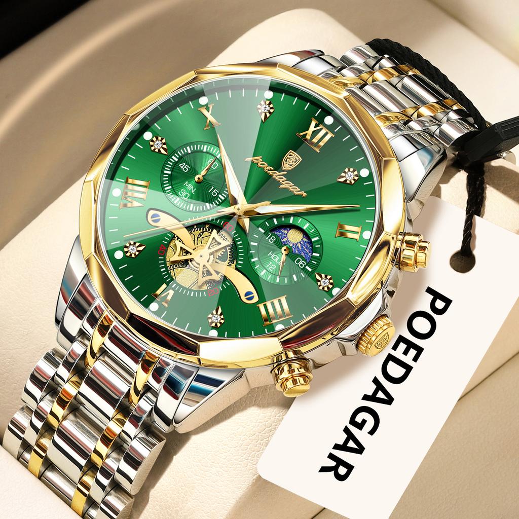 POEDAGAR Original Luxus Herrenuhr Wasserdicht Leuchtend Chronograph Armbanduhr Edelstahl Quarzuhren für Mann Reloj