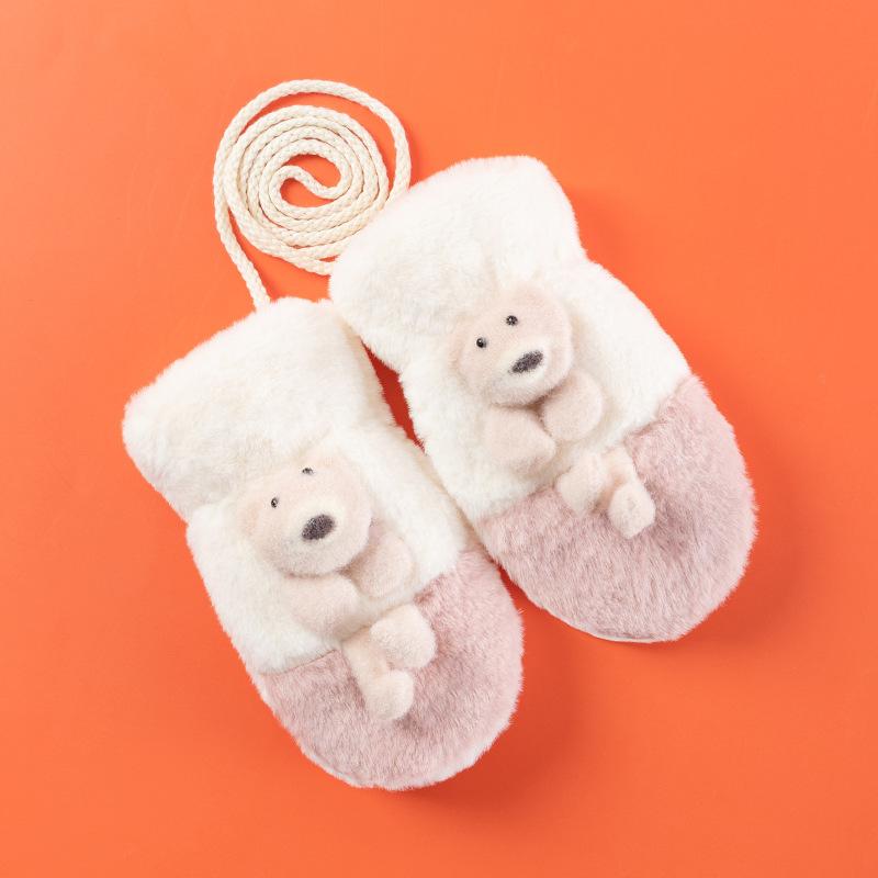 New children's thermal gloves wholesale, imitation rabbit hair lanyard jacquard gloves, double-layer velvet mittens