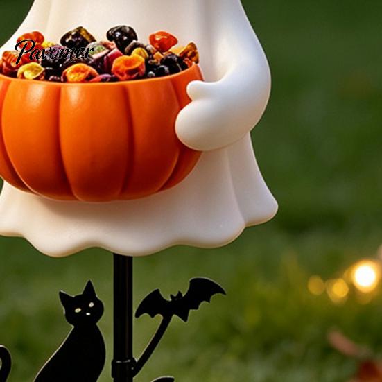 Festive Courtyard Accents Halloween Ghost Candy Bowl Garden Stake, 2D Flat Pumpkin Holder with Cat Yard Stakes And Bats, Trick or Treat Art for Porch