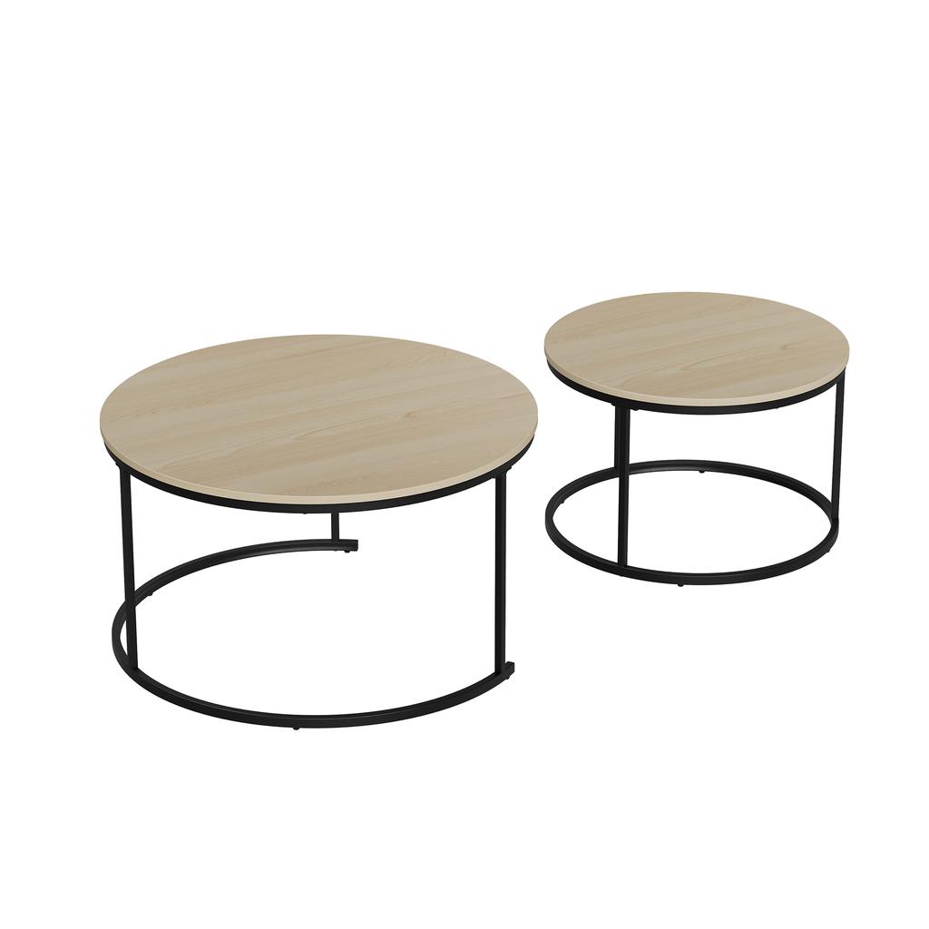 Two-Piece Nesting Coffee Table Set, Oak Veneer, Round with a Diameter of 80 cm, Metal Frame, Modern Style, Suitable for Living Room, Bedroom, Balcony.