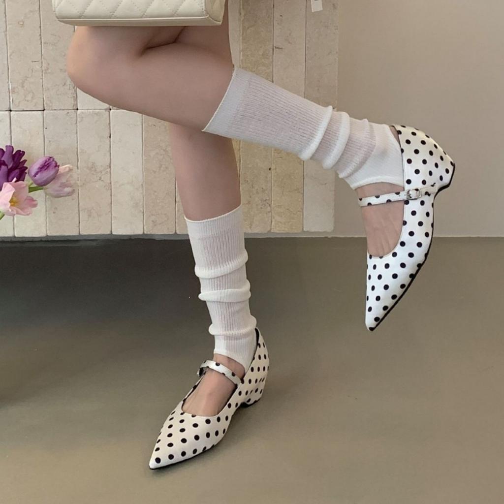 Spring French Polka Dot Pointed Head Word With High Heels Single Shoes Shallow Mouth Mary Jane Shoes Temperament Women'S Shoes