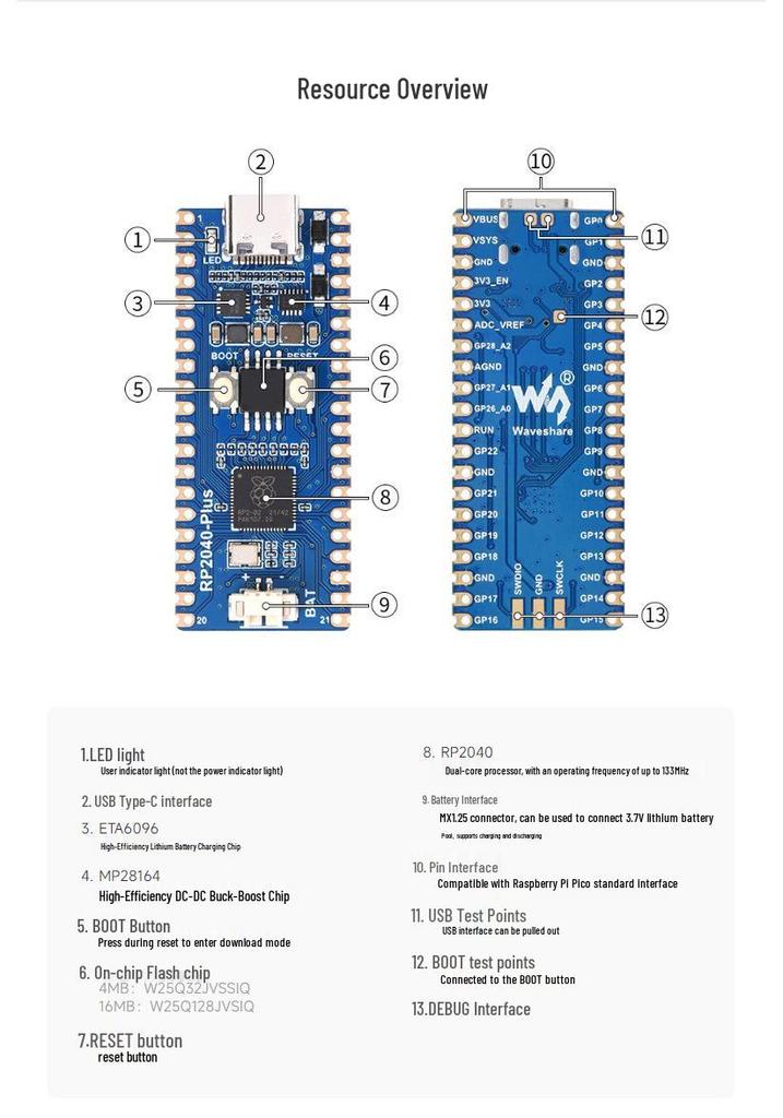 Micro-Snow RP2040-Plus Dev Board: Dual-Core Processor, Compatible with Raspberry Pi Pico