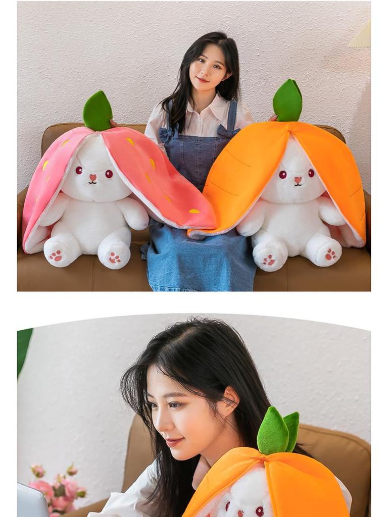 Strawberry Bunny Plush Toy with Big Ears and Carrot Stuffed Doll