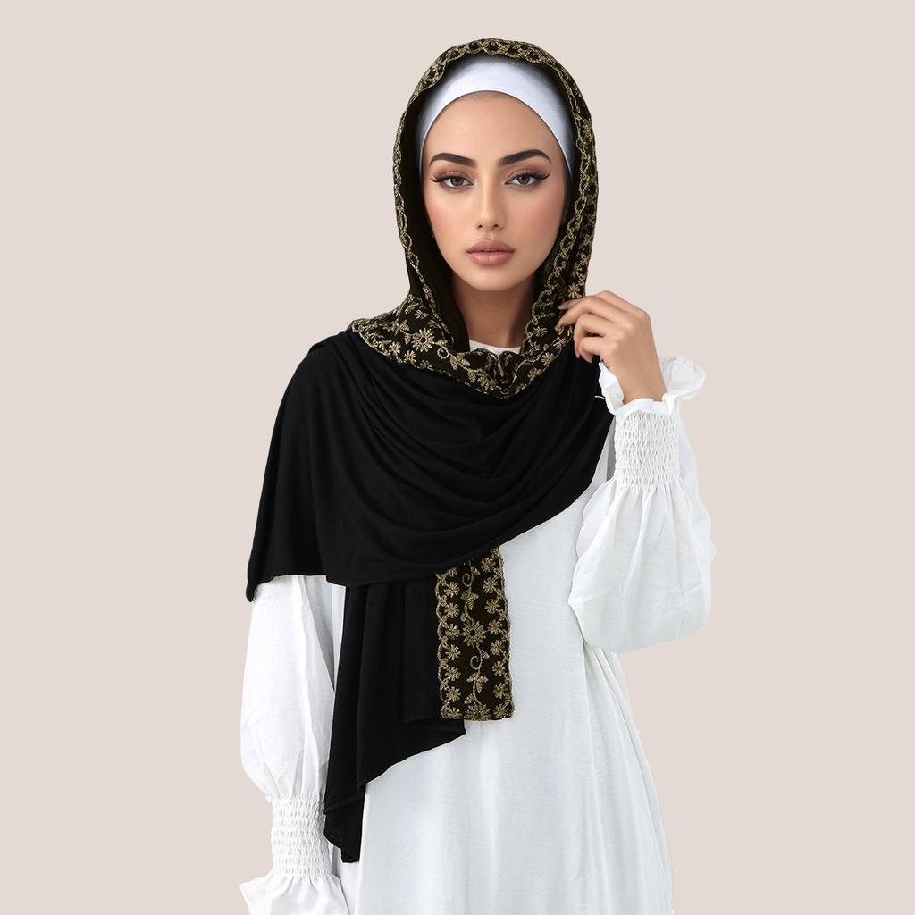 Premium Lace Jersey Hijab Scarf For Women Muslim Embroidered Flowers Hijabs Long Shawl Wraps Headband Scarves Muffler 170*60Cm