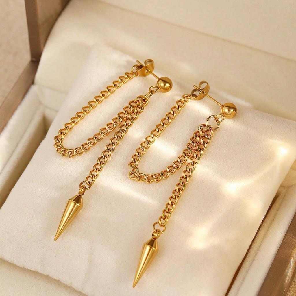 2pcs Minimalist Punk Style Stainless Steel Pointed Pendant Tassel Earrings, Suitable For Daily Wear