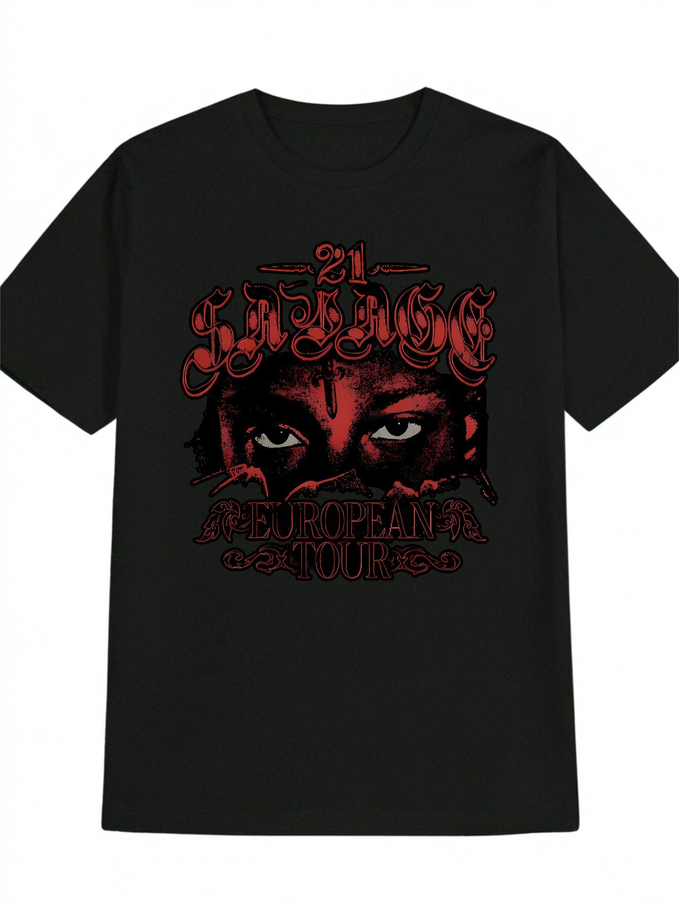 Casual Black T-shirt with Bold Red Face Print - European Tour Graphic Design S