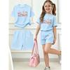 2026 Girls Fashionable Shorts Set Sweet Milk Tea Heart Print Round-neck 2pcs T-shirt Summer Casual Kids Outdoor Outfit