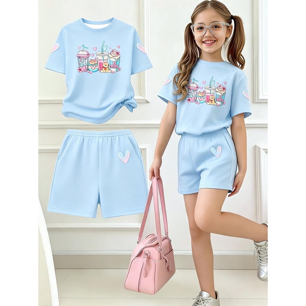 2026 Girls Fashionable Shorts Set Sweet Milk Tea Heart Print Round-neck 2pcs T-shirt Summer Casual Kids Outdoor Outfit