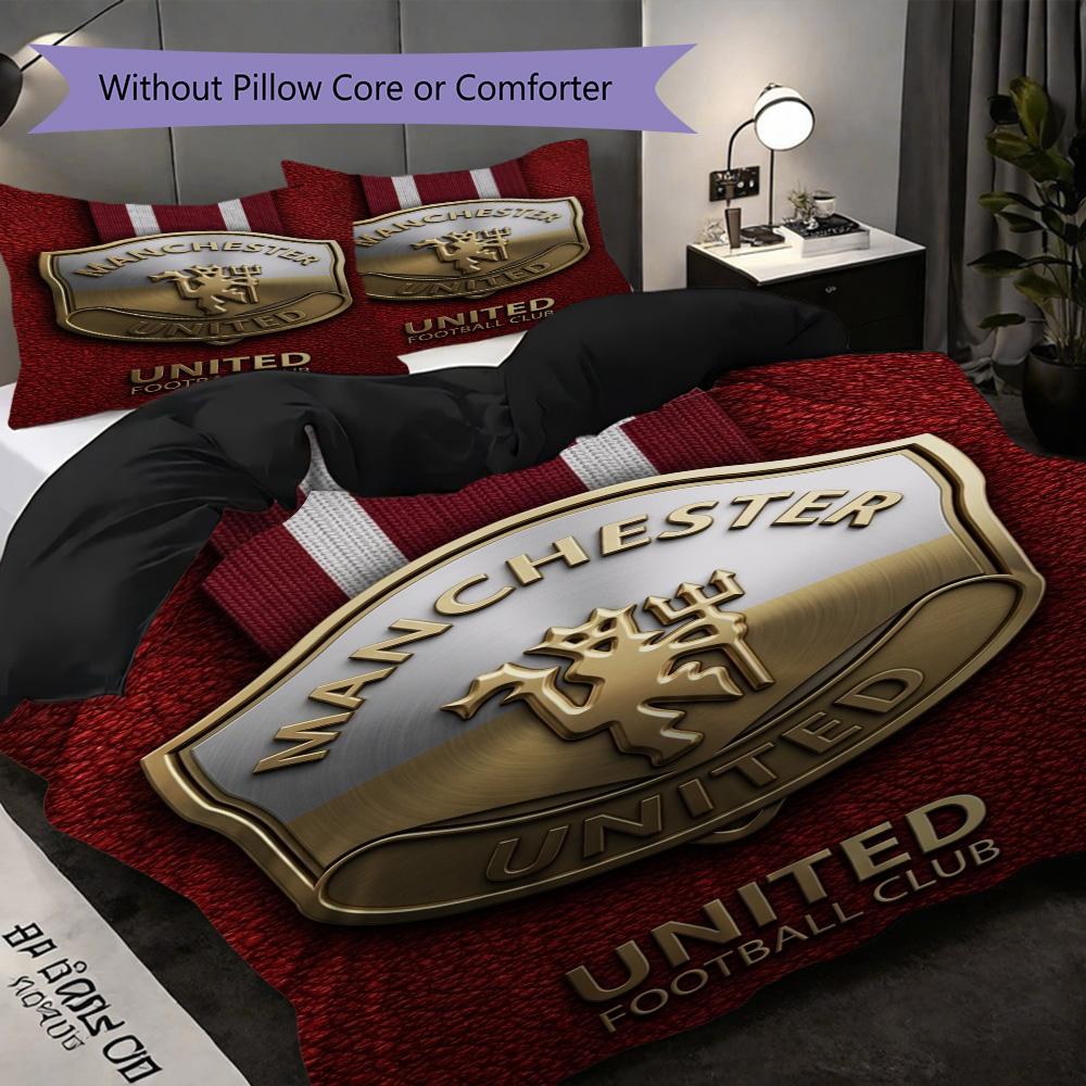 Manchester Glory Emblem Three-piece Set (1 * Duvet Cover + 2 * Pillowcase, Without Core) 2D Flat Christmas Birthday Gift Soft and Comfortable