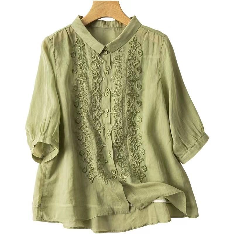 Spring Summer Shirt Women's Seven Quarter Sleeve Embroidered Cotton Linen Shirt Women's Artistic Retro Design Sense Top