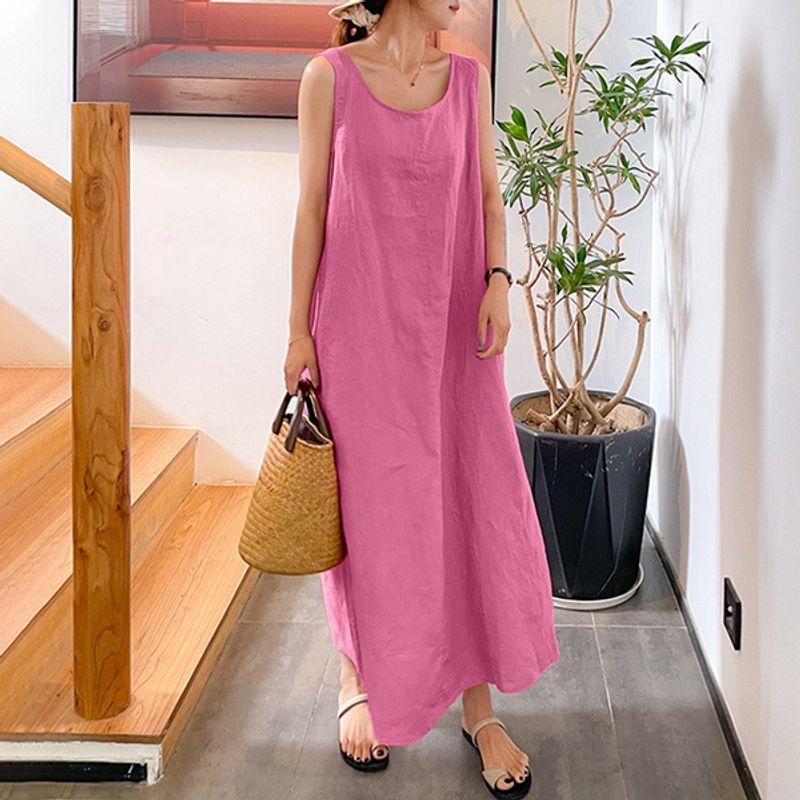 

Plus Size Women s Clothing K-style round-Collar Navy Blue Minimalist A- line Leisure Artistic Elegant Mid Length Long Length Vest Dress Dress Pink 3XL