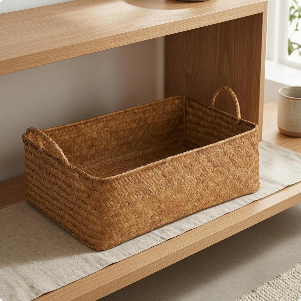 Handwoven Basket Braided Rectangular Storage Woven Bin for Shelf, Tabletop, Cabinet L