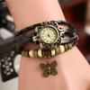 Vintage Fashion Creative Gifts Cow Leather Watch Women Ladies Fashion Butterfly Beads Dress Quartz Wristwatch Accessories Decor