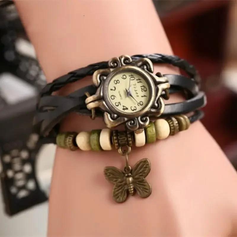 Vintage Fashion Creative Gifts Cow Leather Watch Women Ladies Fashion Butterfly Beads Dress Quartz Wristwatch Accessories Decor