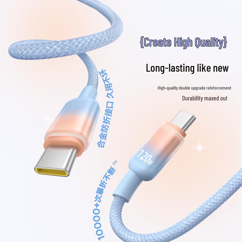 120W Super Flash Charge Type-C Data Cable, 6A Compatible with Apple 15/16, Huawei Honor for Car Charging