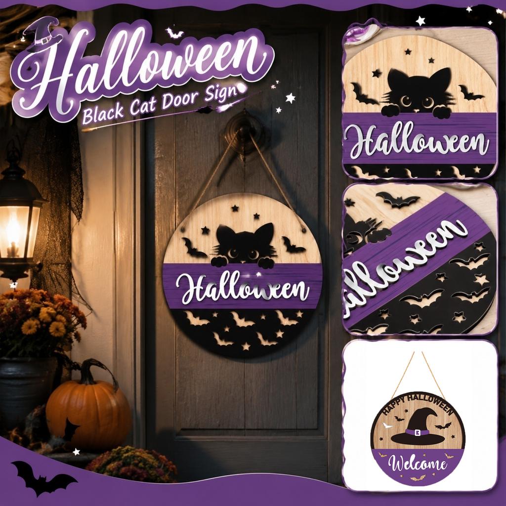 Wooden Halloween Door Sign Hanging Decoration Witch Hat and Bats Round Welcome Plaque for Indoor Outdoor Wall Door Window Display