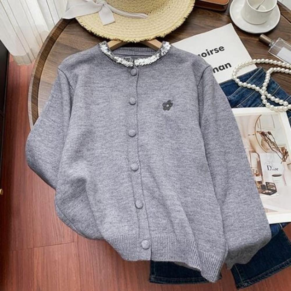 Navava Long Sleeve Knit Cardigan Flower Embroidery Lace Nk2586