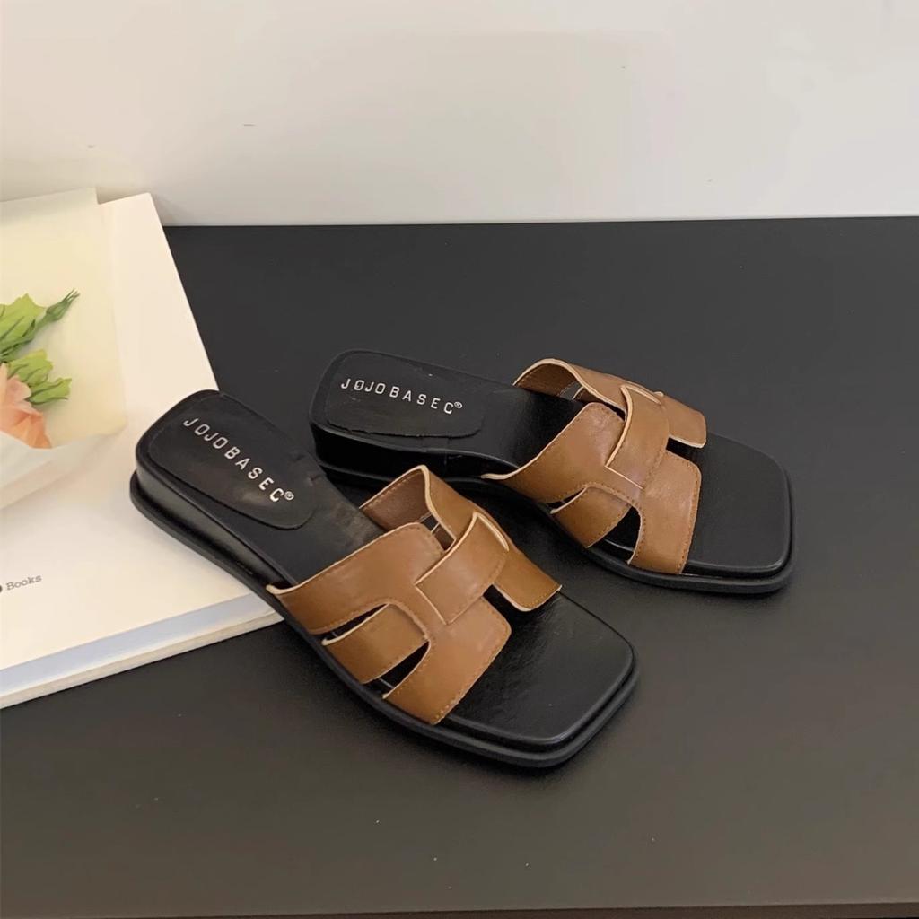 One-word wear square head sandals wedge heel new French beautiful skirt with 2025 platform slippers women's summer vacation