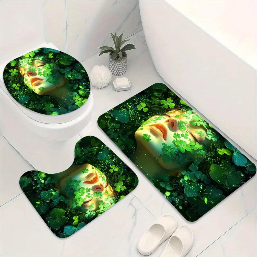 4pcs Bestselling Green Clover Print High Quality Shower Curtain and Non-Slip Bath Mat Set - Perfect for Bathroom Decor Exqu