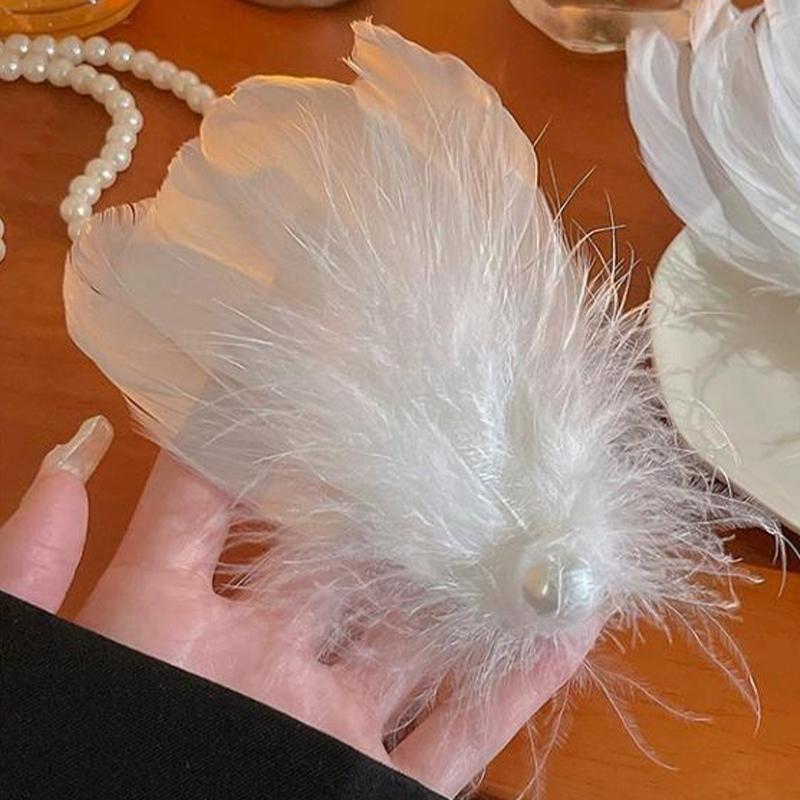 White Swan Feather Pearl Headdress Hairpin Fairy Hair Accessories Side Clip