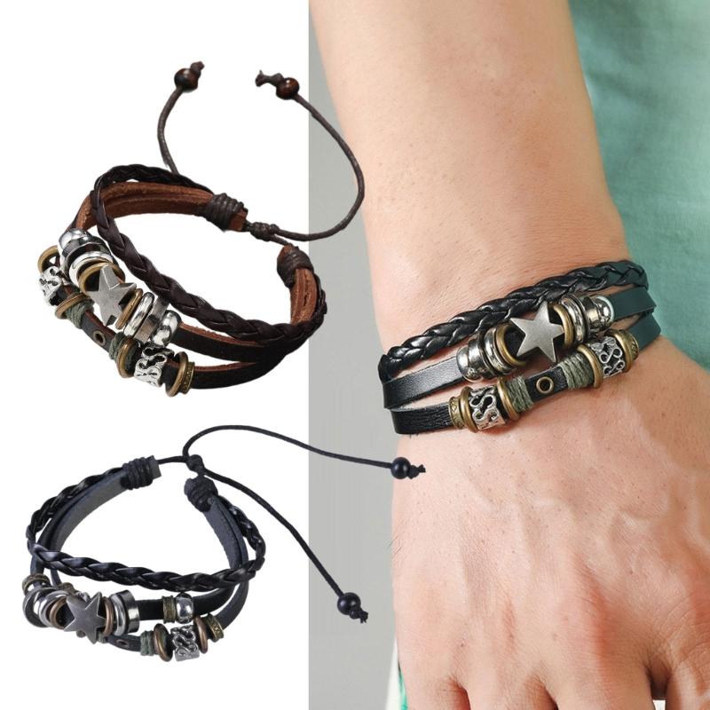 Multi Layer Leather Bracelet Adjustable Star Beaded Bangle for Women Men