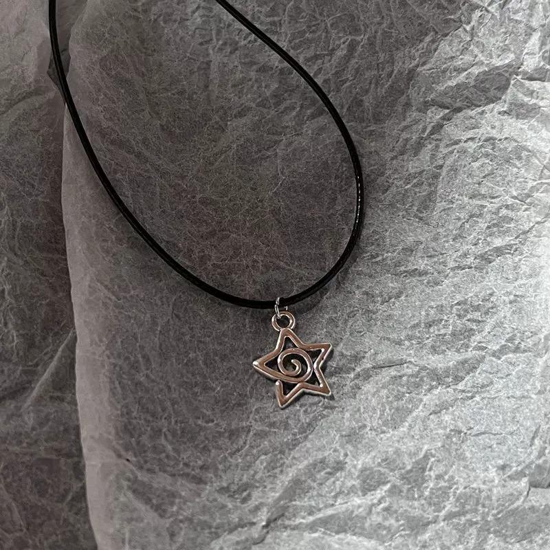 Y2K Star Moon Pendant Choker Celestial Necklace Leather Cord Chain Silver Tone Swirly Star Earrings 90s Retro Sweet Cool Jewelry