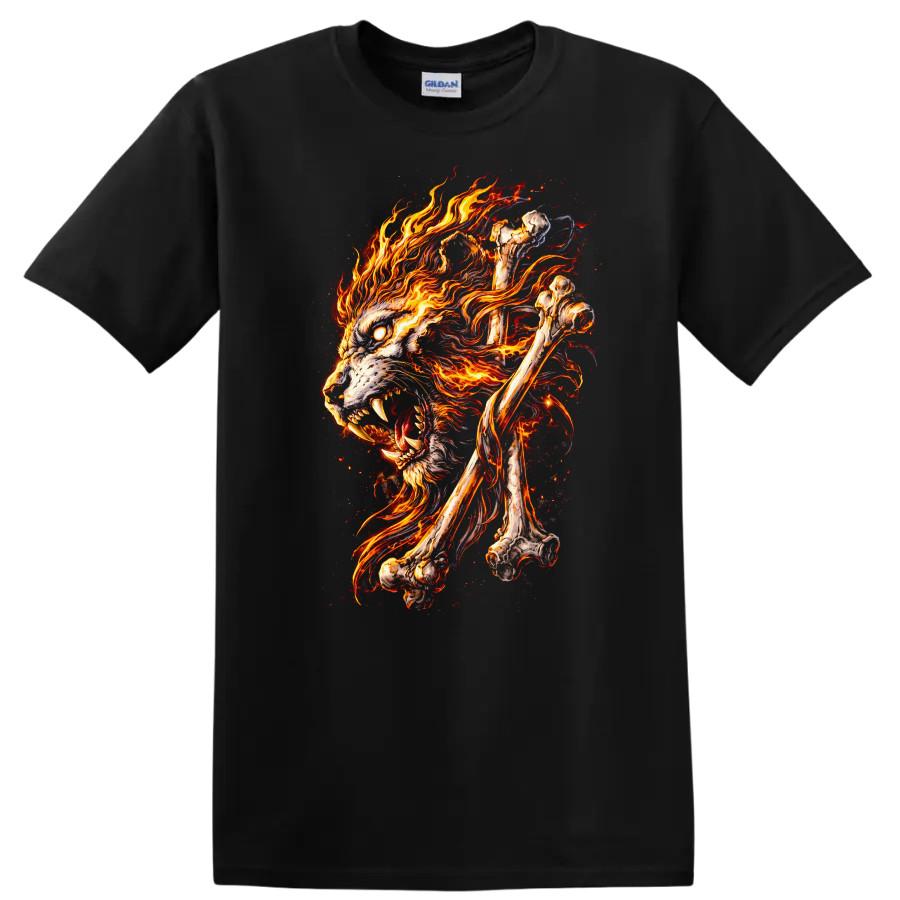 T-shirt Grafica Testa di Leone Fiammeggiante Ossa Design Animale Unico Maglietta Fuoco