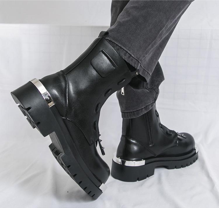 Herbstliche High-Top Lederstiefel - Dicksohlige Reißverschluss-Stiefeletten für Herren im britischen Stil, höhenerhöhende Freizeit- und formelle Kleidung.