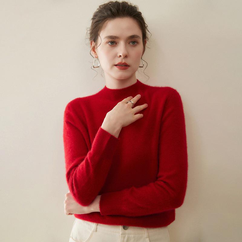 Women's Pure Cashmere Semi-High Neck Sweater - Autumn/Winter High-Quality Knit Base Layer