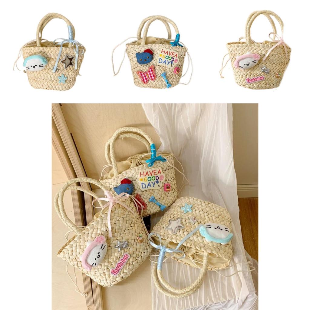 Cute Earphones Cat Stars Kitty Cat Decoration Women Casual Straw Woven Handbag For Daily Use Women