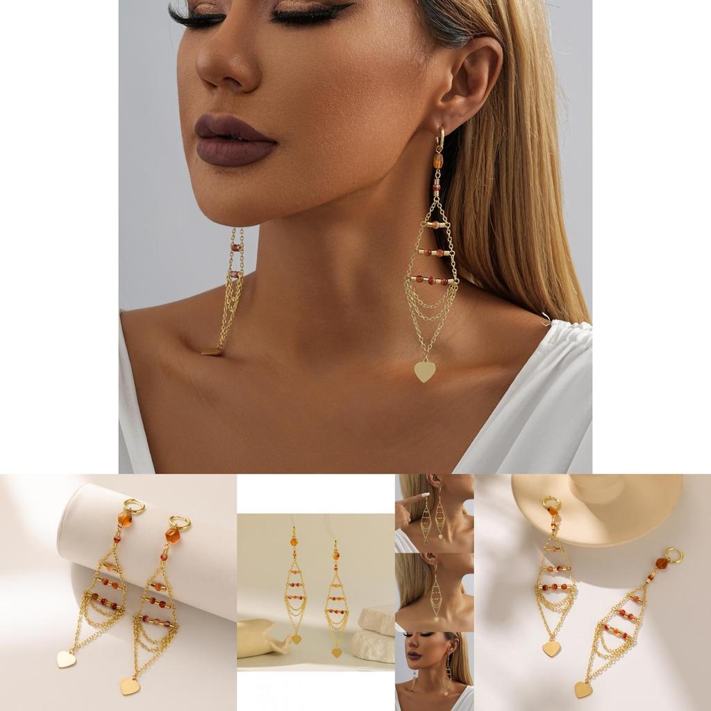 Modern 2023 Gold Plated Geometric Crystal Stone Heart Tassel Earrings For Women