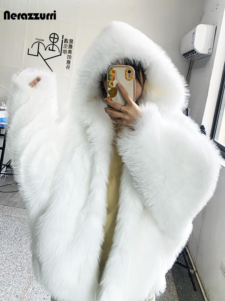 Autumn Winter Oversized  Warm Shaggy Hairy Faux Fur Coat Women with Hood Loose Casual Fluffy Jacket