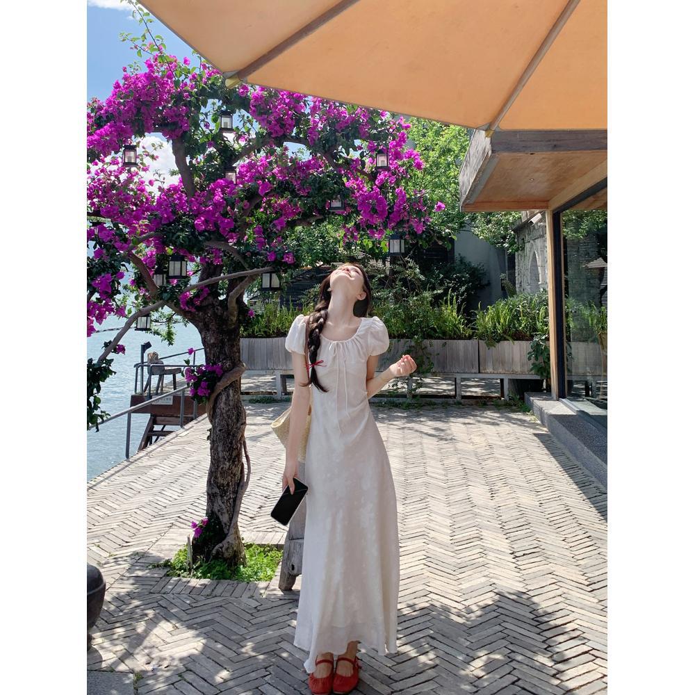 Sweet Wind Bow Lace-up Jacquard Dress Women's Summer Casual High-end Temperament Waist and Thin A-shaped Long Dress