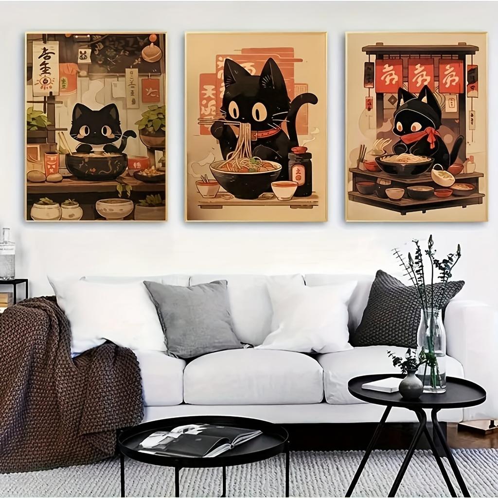 3pcs/set Japanese Black Cat Eating Noodles Canvas Print Black Cat Animal Kitchen Wall Art Poster for Modern Nursery Home Decor
