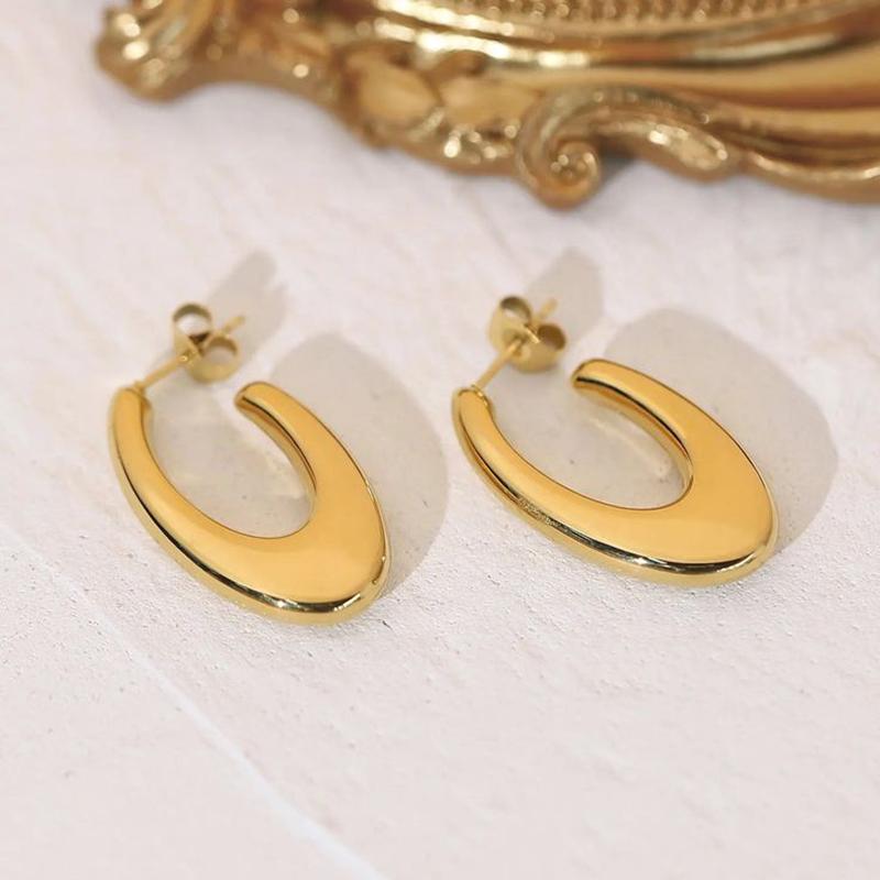 Exquisite Stainless Steel U Shape Hoop Earrings for Women 18K Gold Plated Waterproof Glossy Metal Hammered Earrings Punk Jewelry