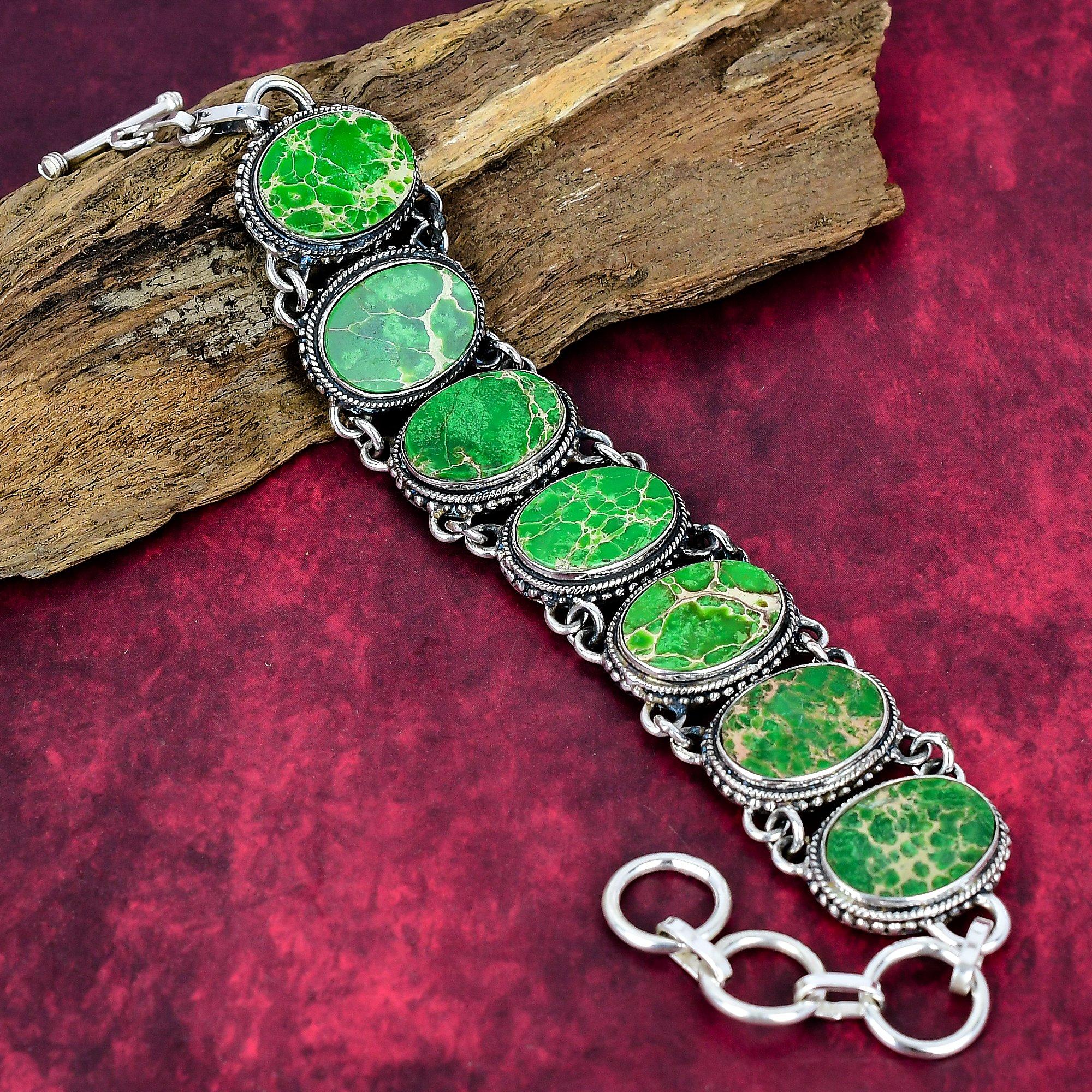 

Green Sea Sediment Bracelet Gemstone Jewelry, 925 Solid Sterling Silver Adjustable Chain Bracelet, Gift For Women Handmade Bracelet