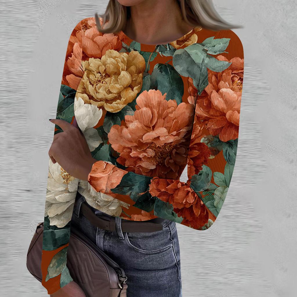 Women's Casual Fashion Round Neck Retro Print Long Sleeve Ribbed Top
