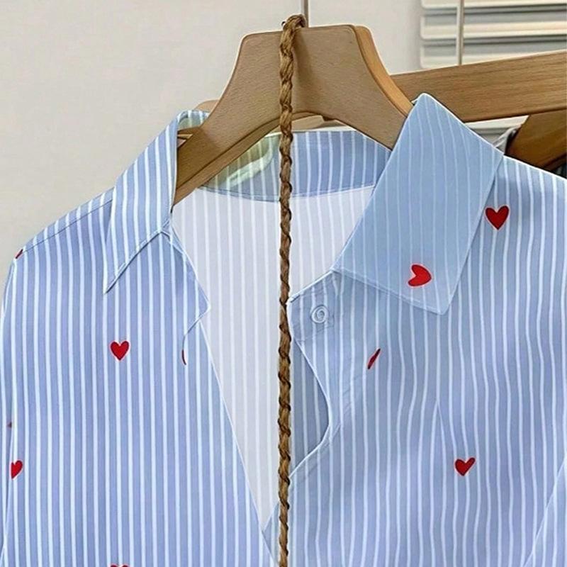 Simple Striped Long-sleeved Shirt for Women's Autumn Commuting Style Blue Single-breasted Shirt Versatile Cardigan