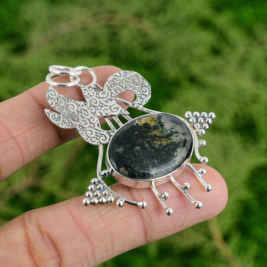 Daughters Day Deal Sterling Silver Oval Solar Moss Agate Stone Wedding Pendant